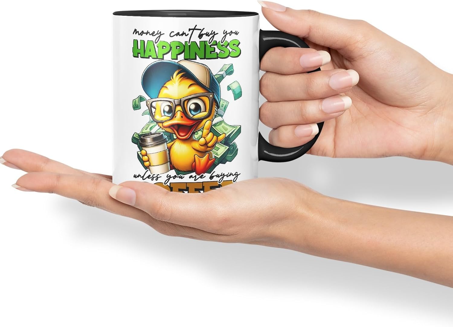 Vixar Mug with Text: Money Can’t Buy You Happiness (Unless You are Buying Coffee) Coloured Ceramic Mug Cup 11oz Funny Sarcastic Gift (Black)