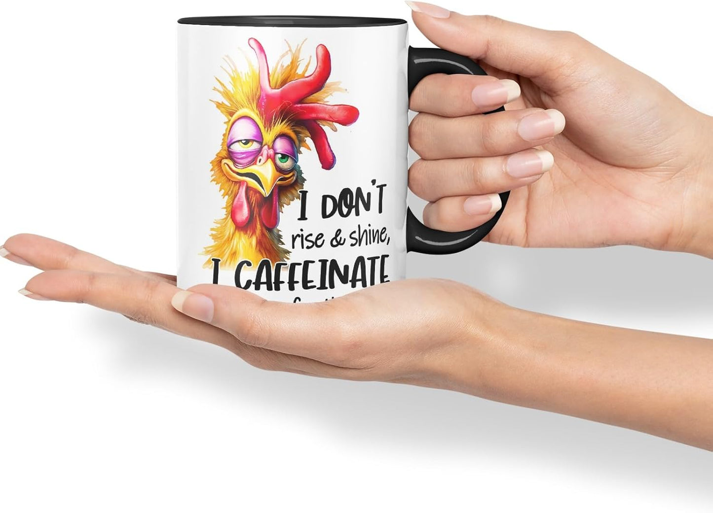 Vixar Mug Sarcastic with Text: I Don’t Rise & Shine I Caffeinate and Hope for The Best Coloured Ceramic Mug Cup 11oz Funny Sarcastic Gift (Black)