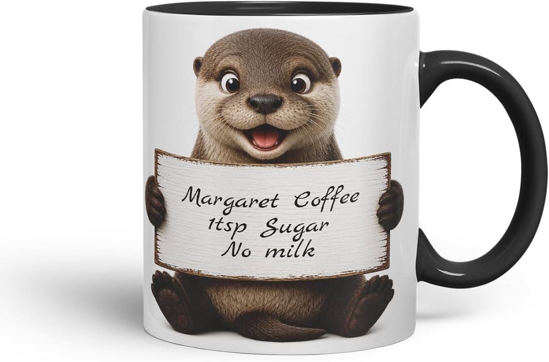 Vixar Personalised Otter Mug with Name or Custom Message – Cute Animal Coloured Ceramic Mug Cup Gift, 11oz (Black)