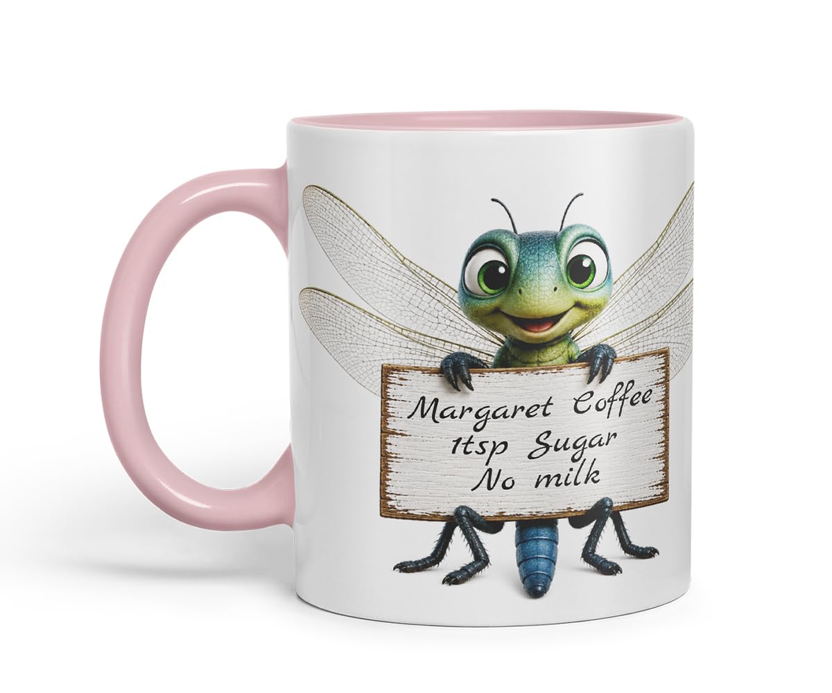 Vixar Personalised Dragonfly Mug with Name or Custom Message – Cute Animal Coloured Ceramic Mug Cup Gift, 11oz (Black)