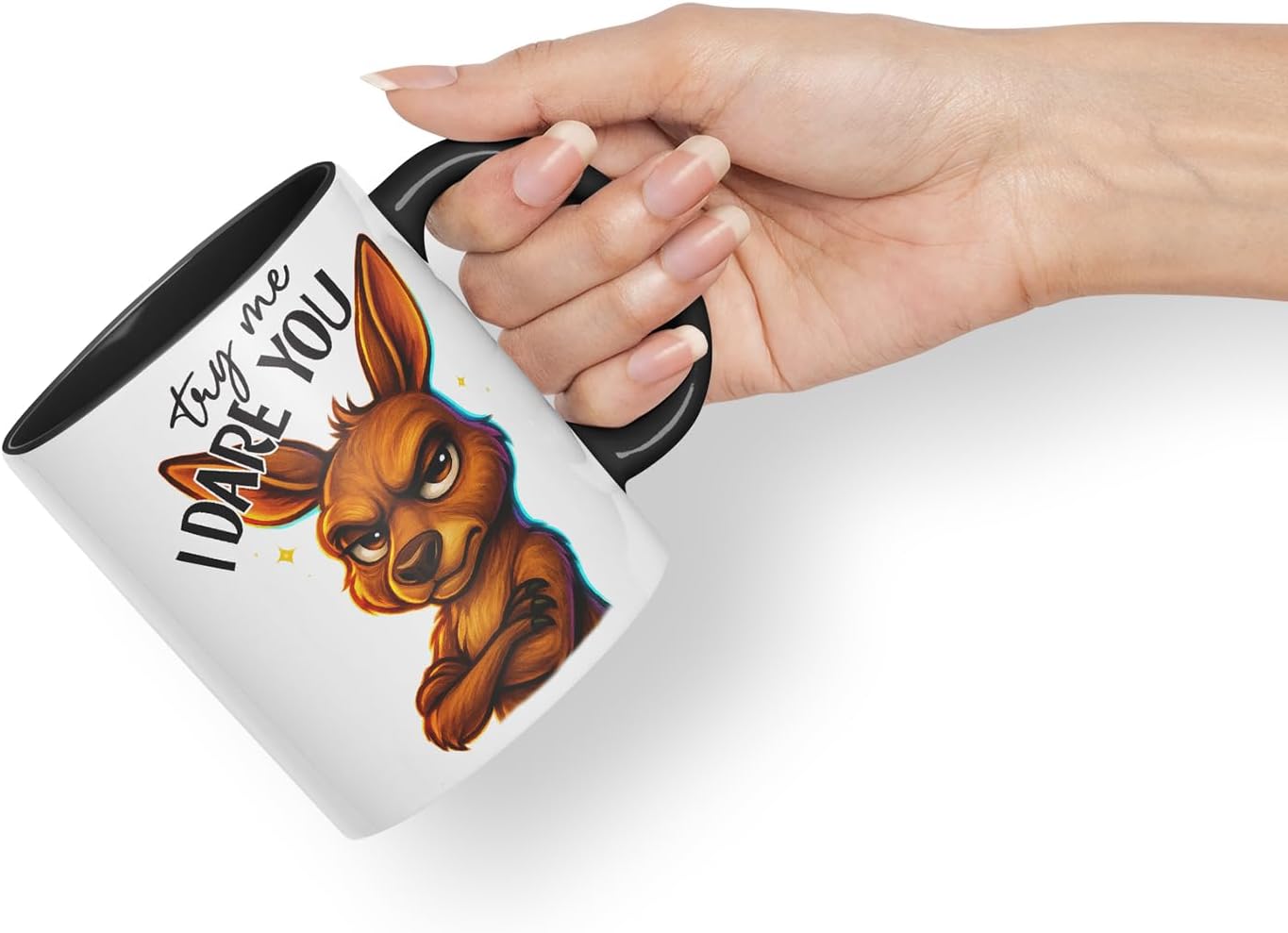Vixar Try Me I Dare You Sarcastic Kangaroo – Coloured Ceramic Mug Cup Gift, 11oz (Black)