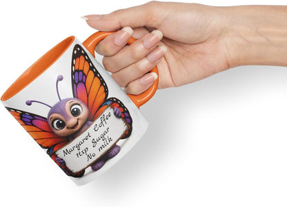 Vixar Personalised Butterfly Mug with Name or Custom Message – Cute Animal Coloured Ceramic Mug Cup Gift, 11oz (Orange)