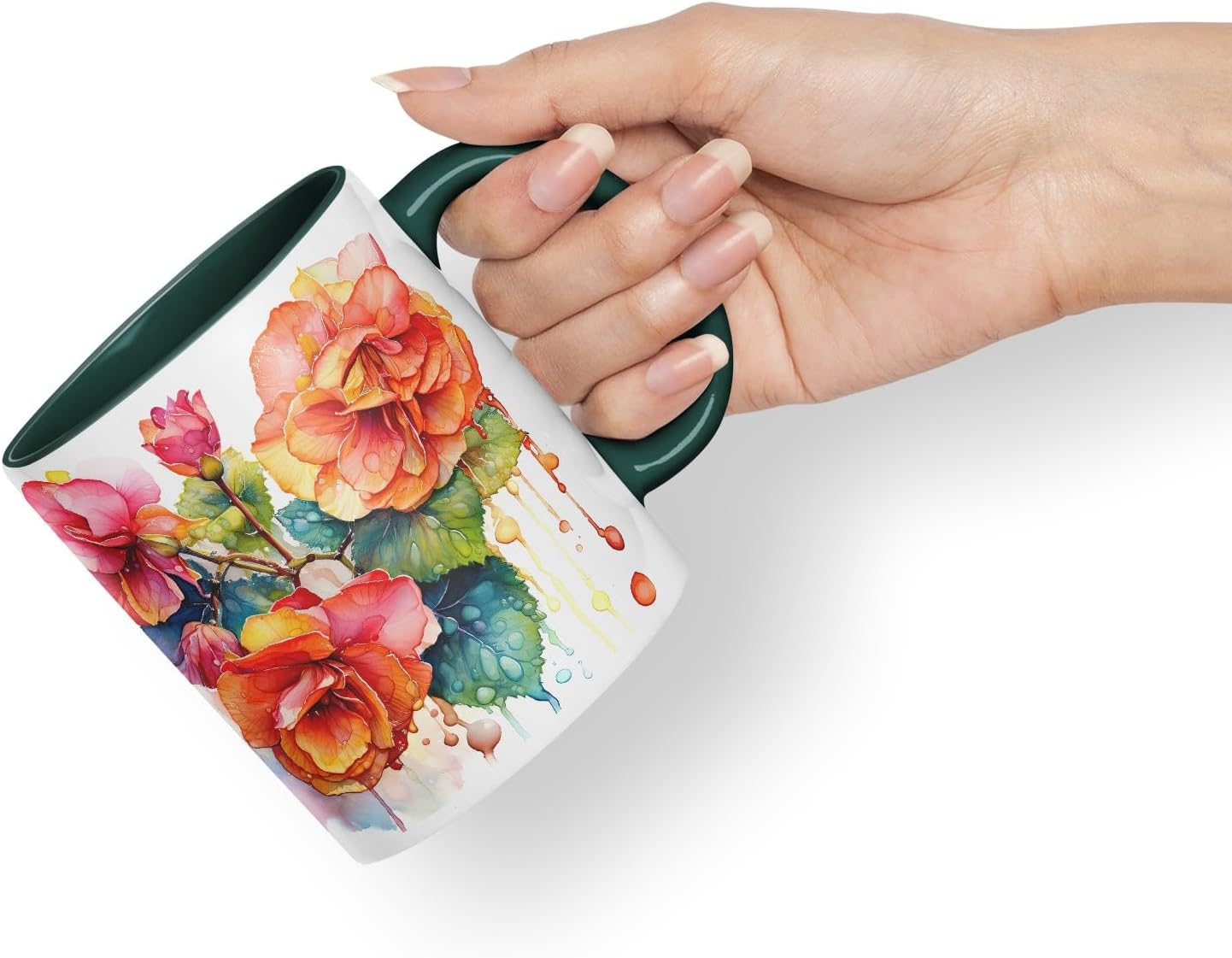 Vixar Begonia Botanical Art Mug Coloured Ceramic Mug Cup Gift, 11oz (Dark Green)