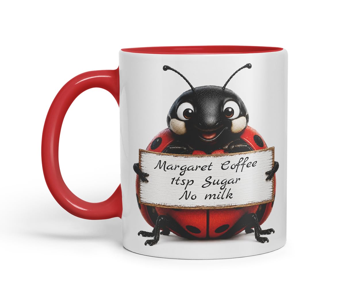 Vixar Personalised Ladybird Mug with Name or Custom Message – Cute Animal Coloured Ceramic Mug Cup Gift, 11oz (Black)