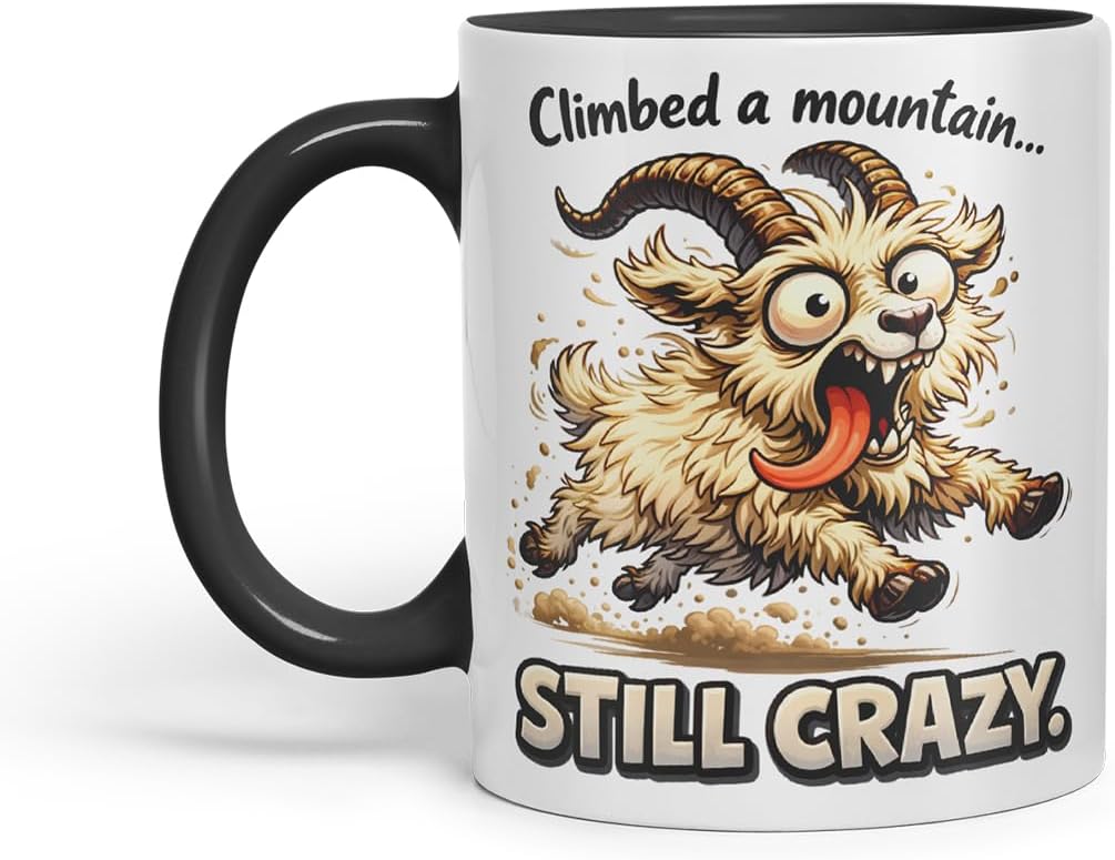 Vixar Climbed A Mountain Still Crazy Funny Goat Mug – Coloured Ceramic Mug Cup Gift, 11oz (Black)