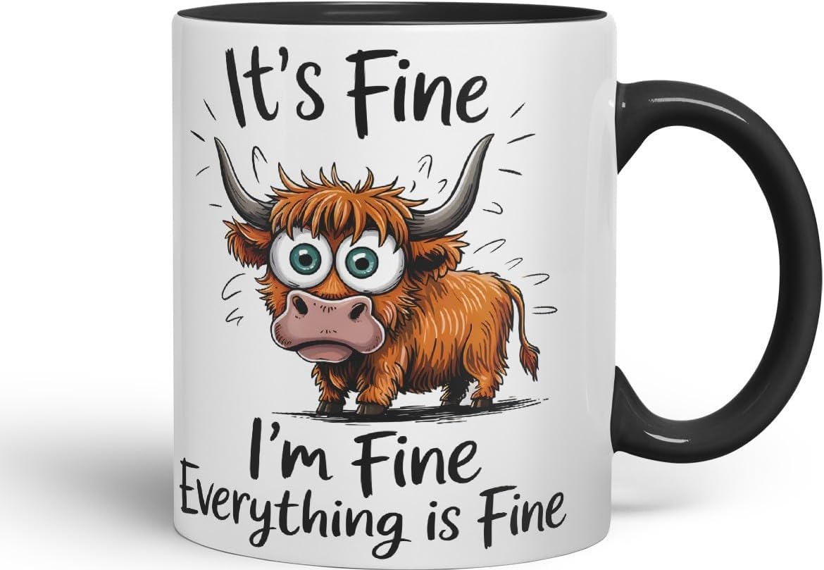 Vixar It's Fine I'm Fine Everything is ..., Highland Cow Scottish Joke Sarcastic Ceramic Coloured Mug Cup 330ml 11Oz (Black)