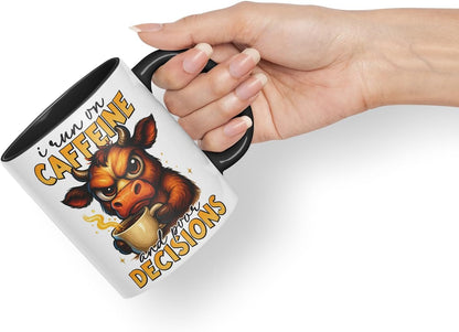 Vixar I Run On Caffeine and Poor Decisions Funny Cow Mug – Coloured Ceramic Mug Cup Gift, 11oz (Black)
