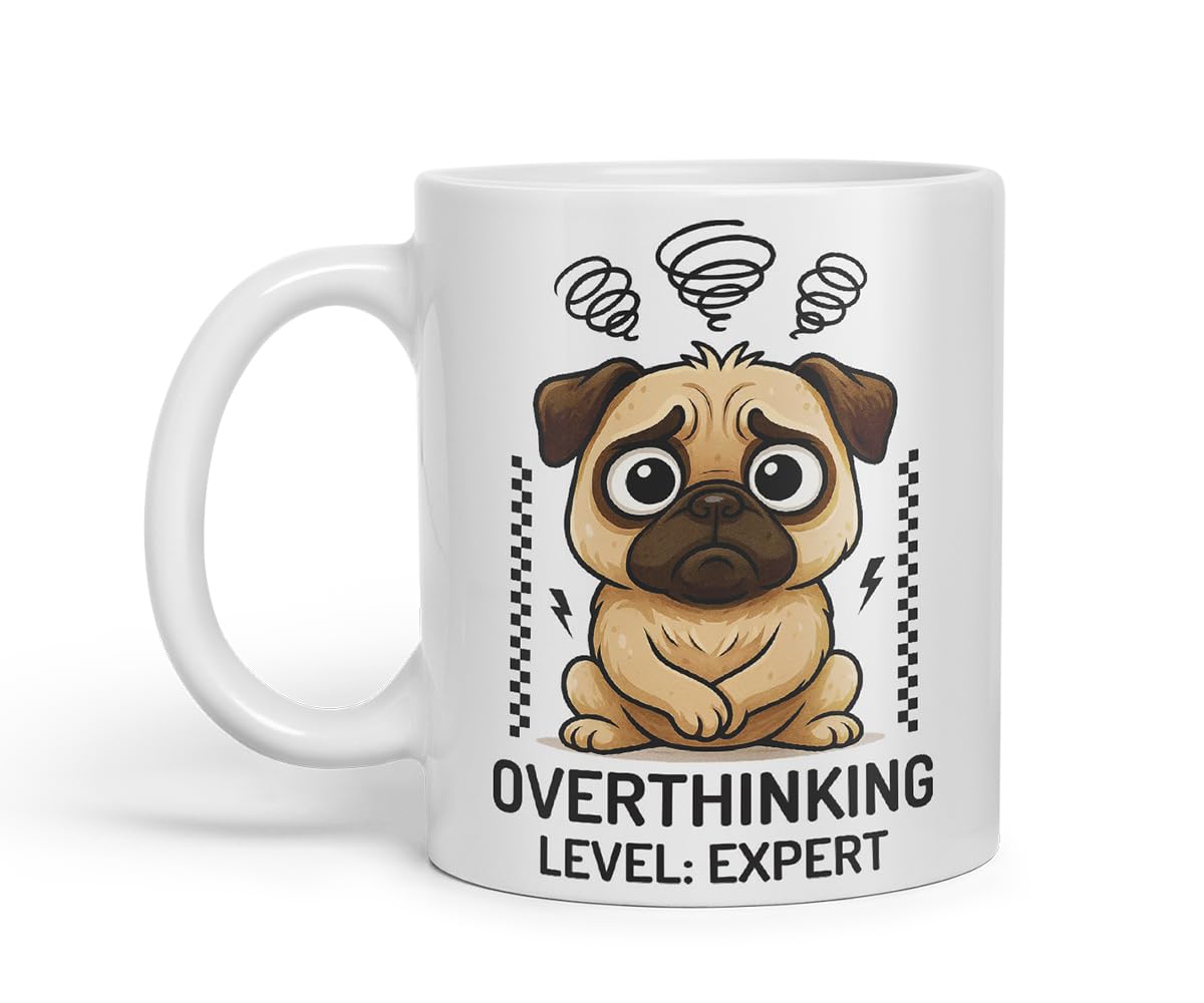 Vixar Overthinking Level Expert Pug Dog Mug – Coloured Ceramic Mug Cup Gift, 11oz (Black)