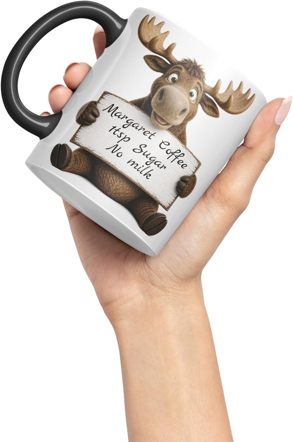 Vixar Personalised Moose Mug with Name or Custom Message – Cute Animal Coloured Ceramic Mug Cup Gift, 11oz (Black)