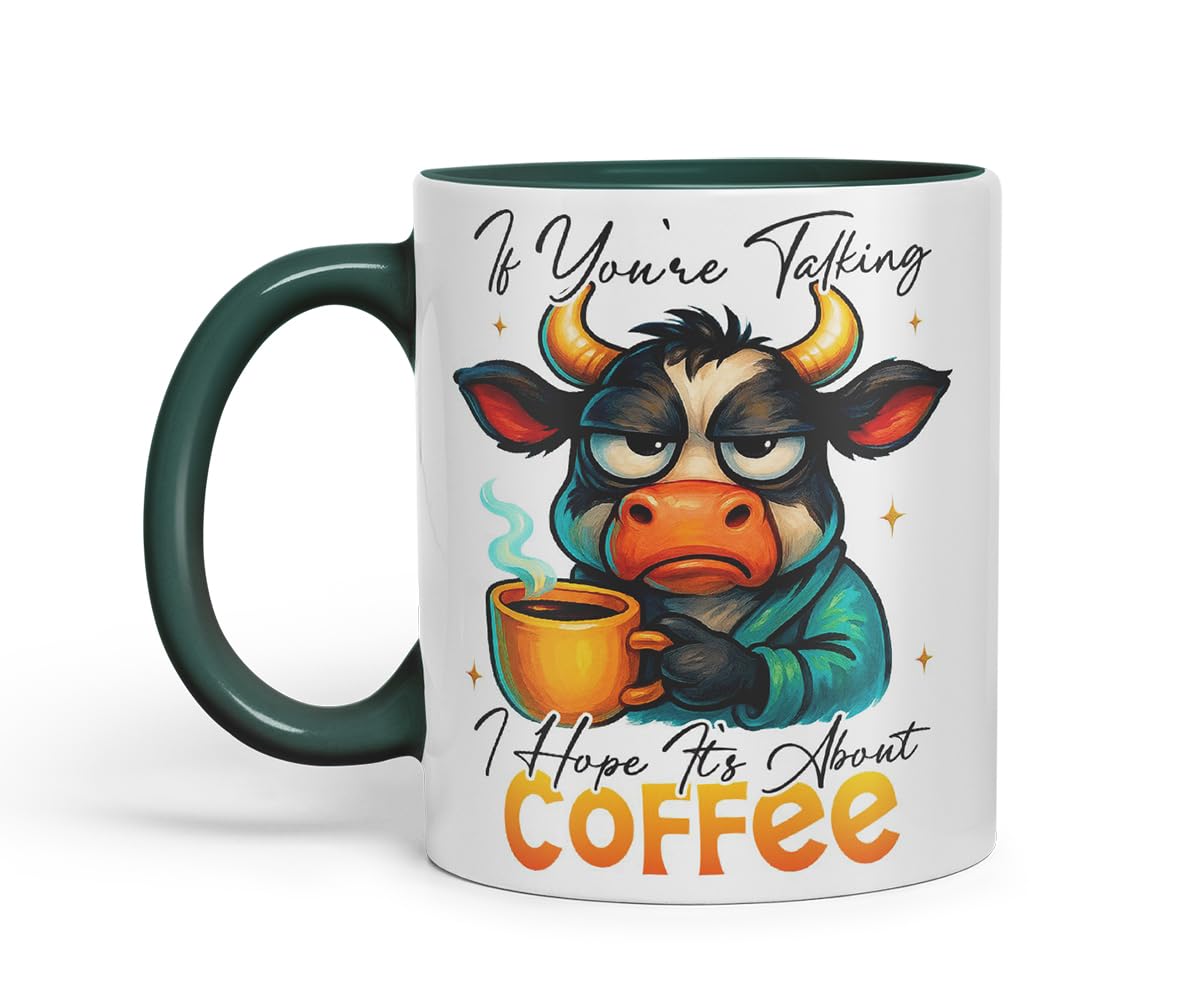 Vixar If You're Talking I Hope It's About Coffee Funny Cow Mug – Coloured Ceramic Mug Cup Gift, 11oz (Black)
