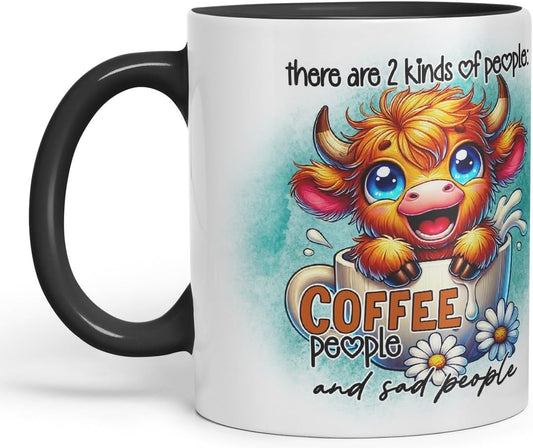 Vixar Mug with Sarcastic Text There are 2 Kinds of People Highland Cow Coloured Ceramic Mug Cup Gift for Coffee Lovers 11oz (Black)