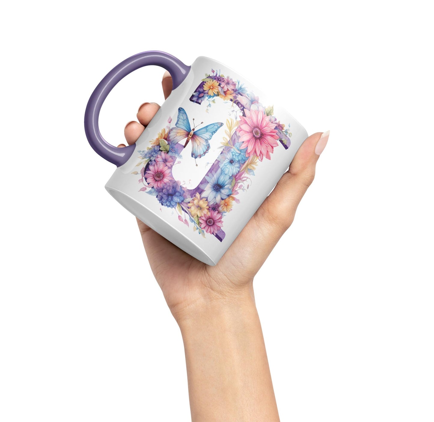 Letter J mug, Floral flowers butterfly Alphabet Letter J Monogram watercolour Ceramic Coloured Mug Cup for Tea Coffee Hot brew 330ml 11Oz Gift