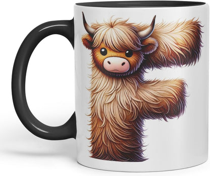 Highland Cow Alphabet Monogram Coloured Ceramic Cup Mug Letter F Rustic Farmhouse Animal Letter Gift V2 11oz (Black)
