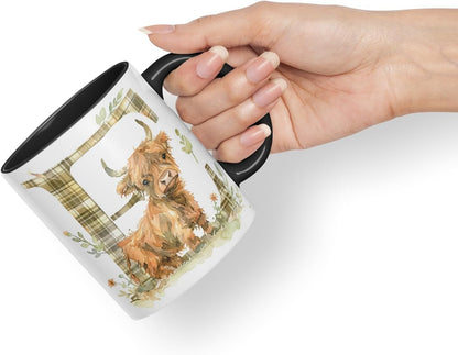 Vixar Highland Cow Alphabet Monogram Coloured Ceramic Cup Mug – Letter E – Rustic Farmhouse Animal Letter Gift – 11oz (Black)