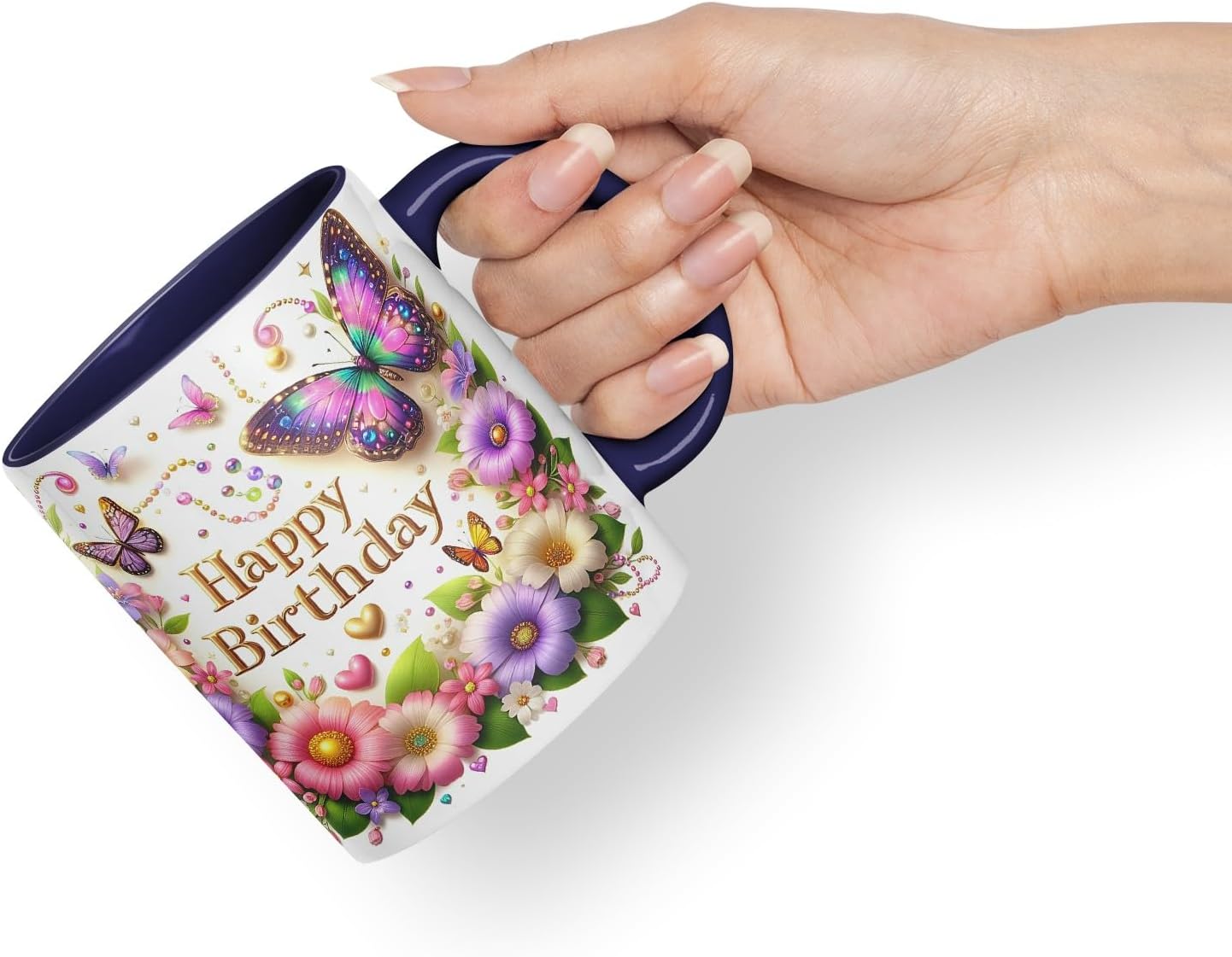 Vixar Happy Birthday Colourful Butterflies and Hearts Coloured Ceramic Mug Cup Gift 11oz V5 (Black)