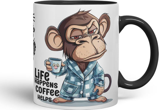 Vixar Life Happens Coffee Helps Monkey Mug – Coloured Ceramic Mug Cup Gift, 11oz (Black)