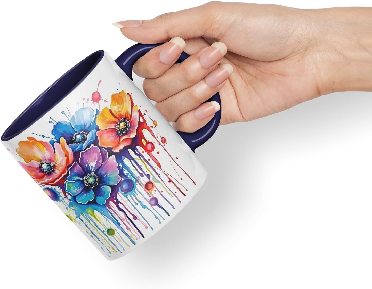 Vixar Anemone Watercolour Floral Mug Coloured Ceramic Mug Cup Gift, 11oz (Navy)