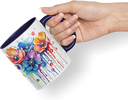 Vixar Anemone Watercolour Floral Mug Coloured Ceramic Mug Cup Gift, 11oz (Navy)