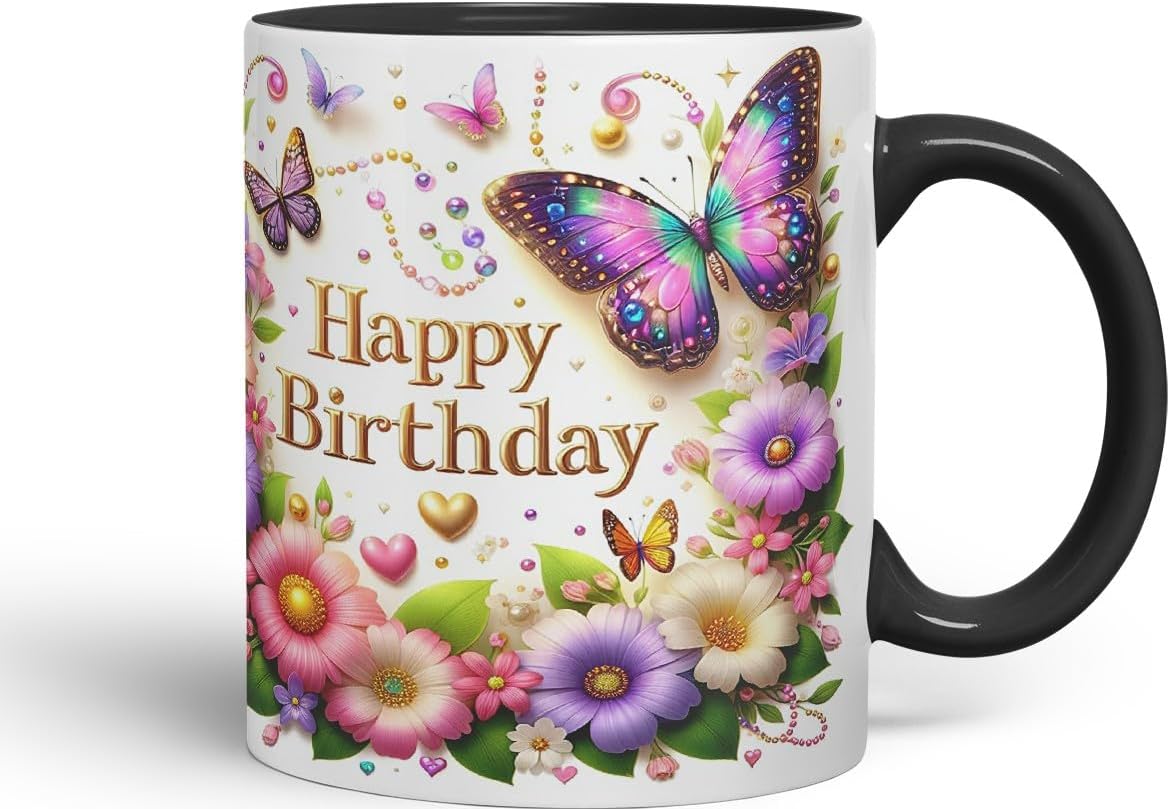 Vixar Happy Birthday Colourful Butterflies and Hearts Coloured Ceramic Mug Cup Gift 11oz V5 (Black)