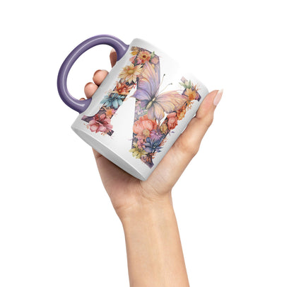 Letter N mug, Floral flowers butterfly Alphabet Letter N Monogram watercolour Ceramic Coloured Mug Cup for Tea Coffee Hot brew 330ml 11Oz Gift