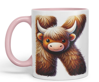 Highland Cow Alphabet Monogram Coloured Ceramic Cup Mug Letter K Rustic Farmhouse Animal Letter Gift V2 11oz (Black)