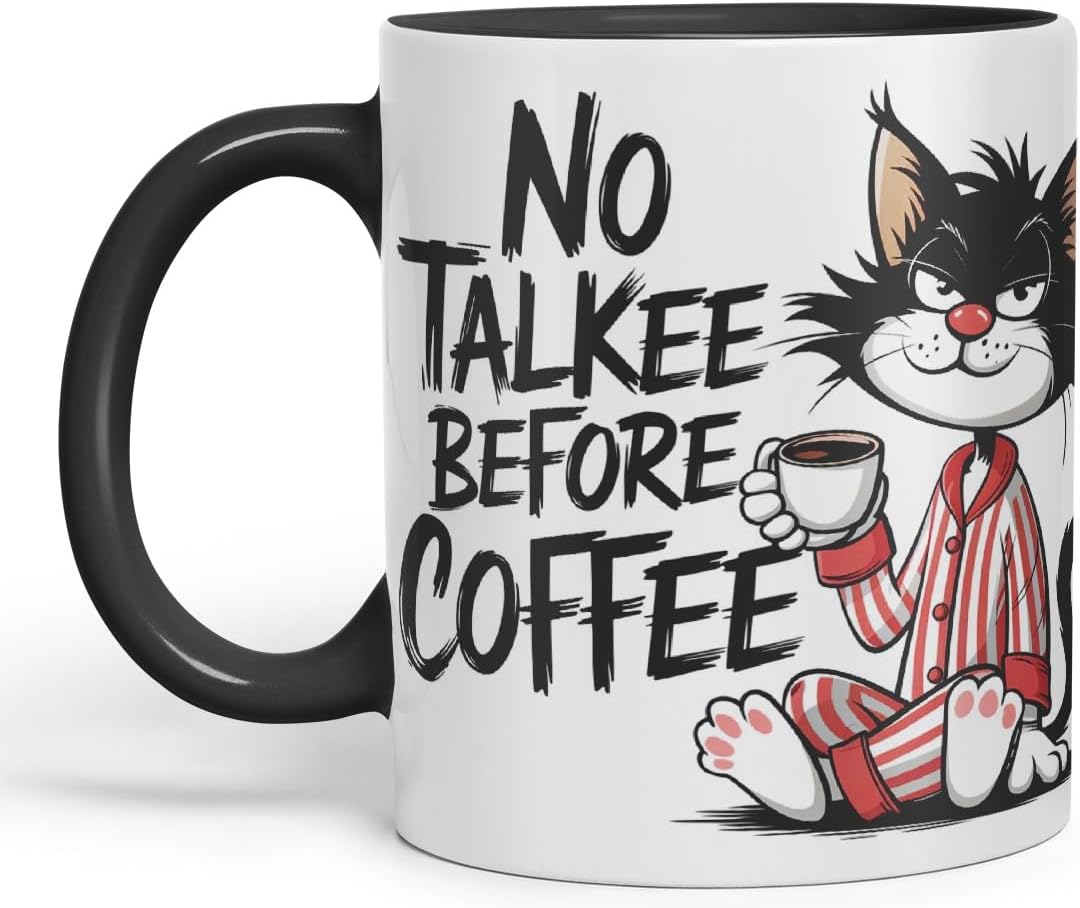 Vixar No Talkee Before Coffee Sarcastic cat Coloured Ceramic Mug Cup Gift, 11oz (Black)