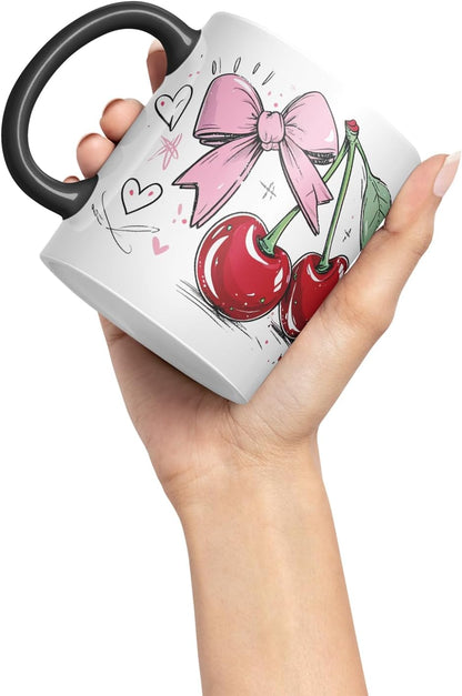 Vixar Cherry Pink Bow Mug – Coloured Ceramic Mug Cup Gift, 11oz (Black)