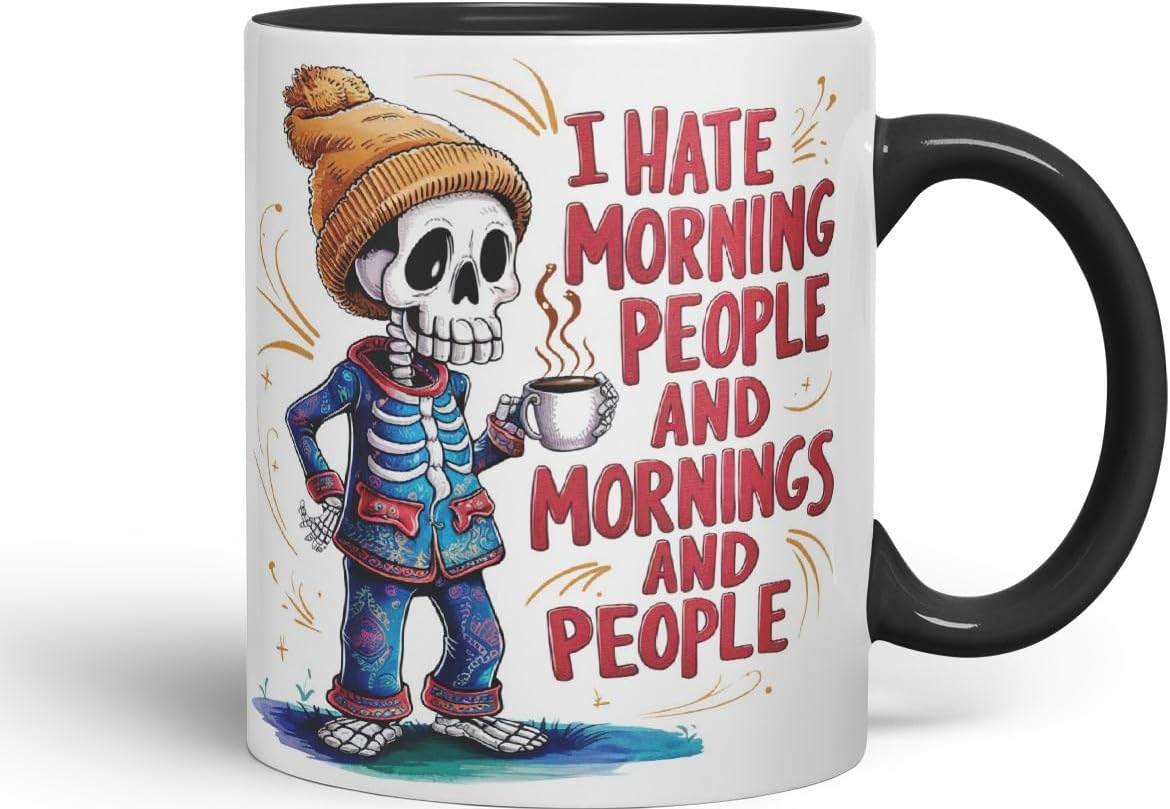 Vixar I Hate Morning People and Mornings and People – Coloured Ceramic Mug Cup Gift, 11oz (Black)
