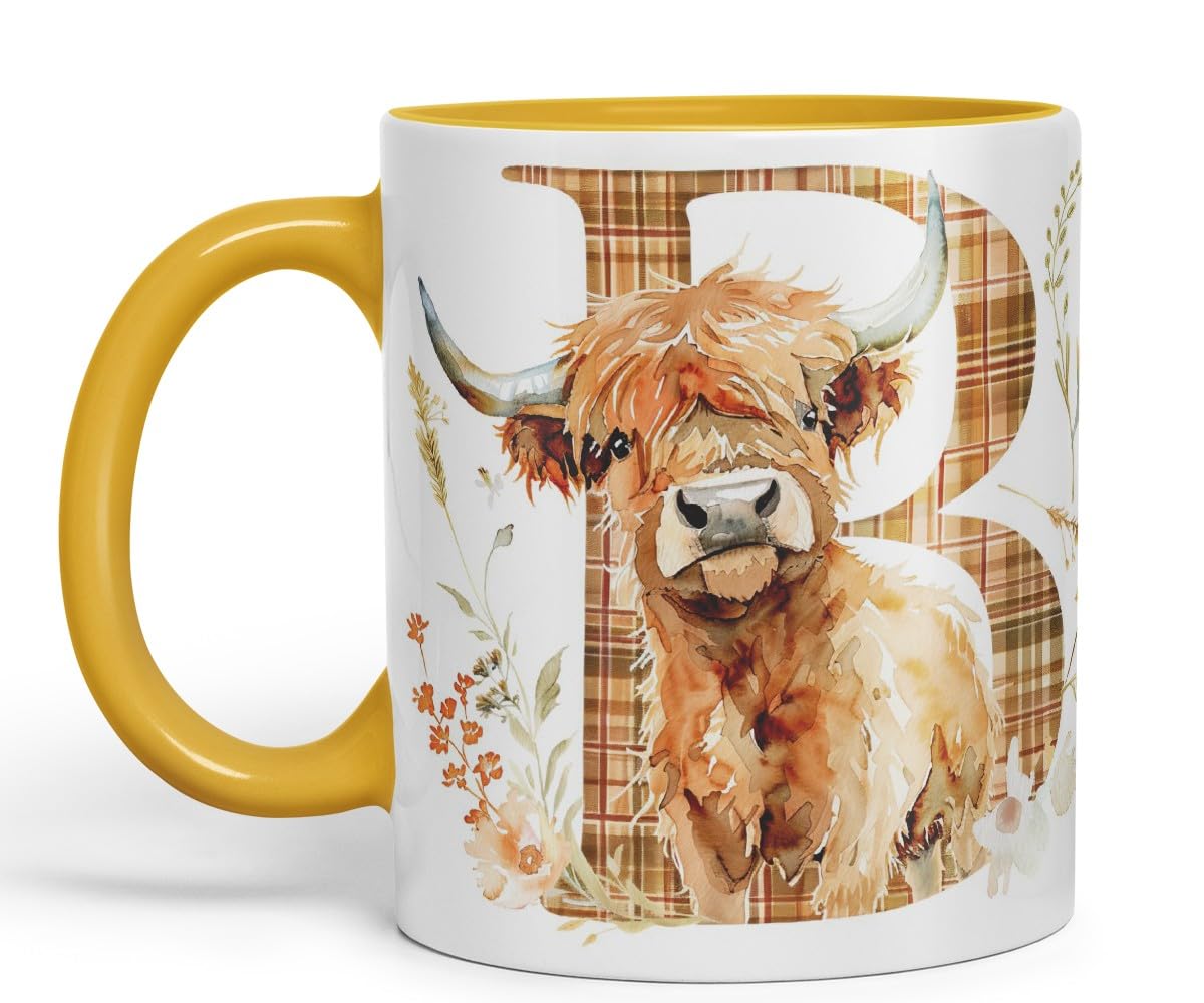Vixar Highland Cow Alphabet Monogram Coloured Ceramic Cup Mug – Letter B – Rustic Farmhouse Animal Letter Gift – 11oz (Black)