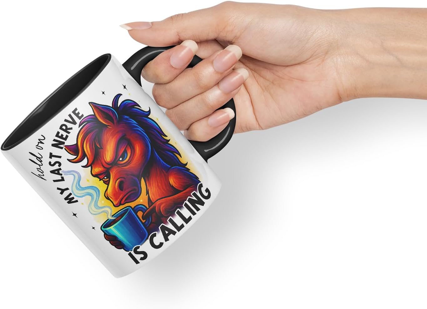 Vixar Hold On My Last Nerve is Calling Funny Horse Coffee Mug – Coloured Ceramic Mug Cup Gift, 11oz (Black)