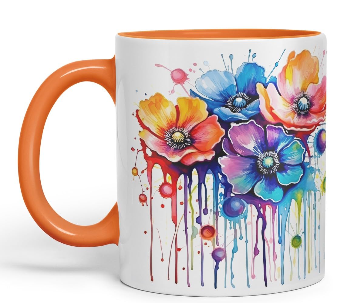 Vixar Anemone Watercolour Floral Mug Coloured Ceramic Mug Cup Gift, 11oz (Navy)
