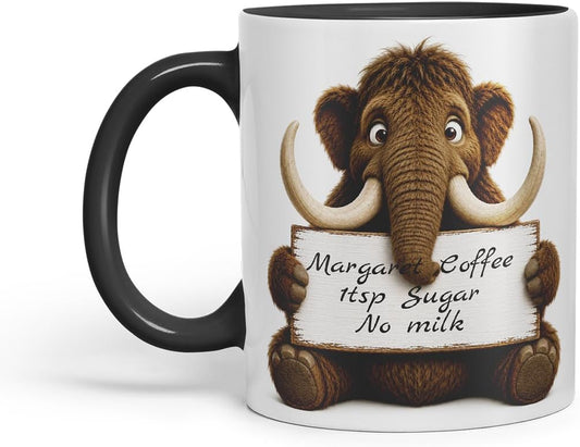 Vixar Personalised Mammoth Mug with Name or Custom Message – Cute Animal Coloured Ceramic Mug Cup Gift, 11oz (Black)