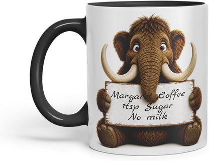 Vixar Personalised Mammoth Mug with Name or Custom Message – Cute Animal Coloured Ceramic Mug Cup Gift, 11oz (Black)