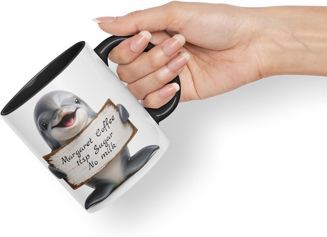 Vixar Personalised Dolphin Mug with Name or Custom Message – Cute Animal Coloured Ceramic Mug Cup Gift, 11oz (Black)