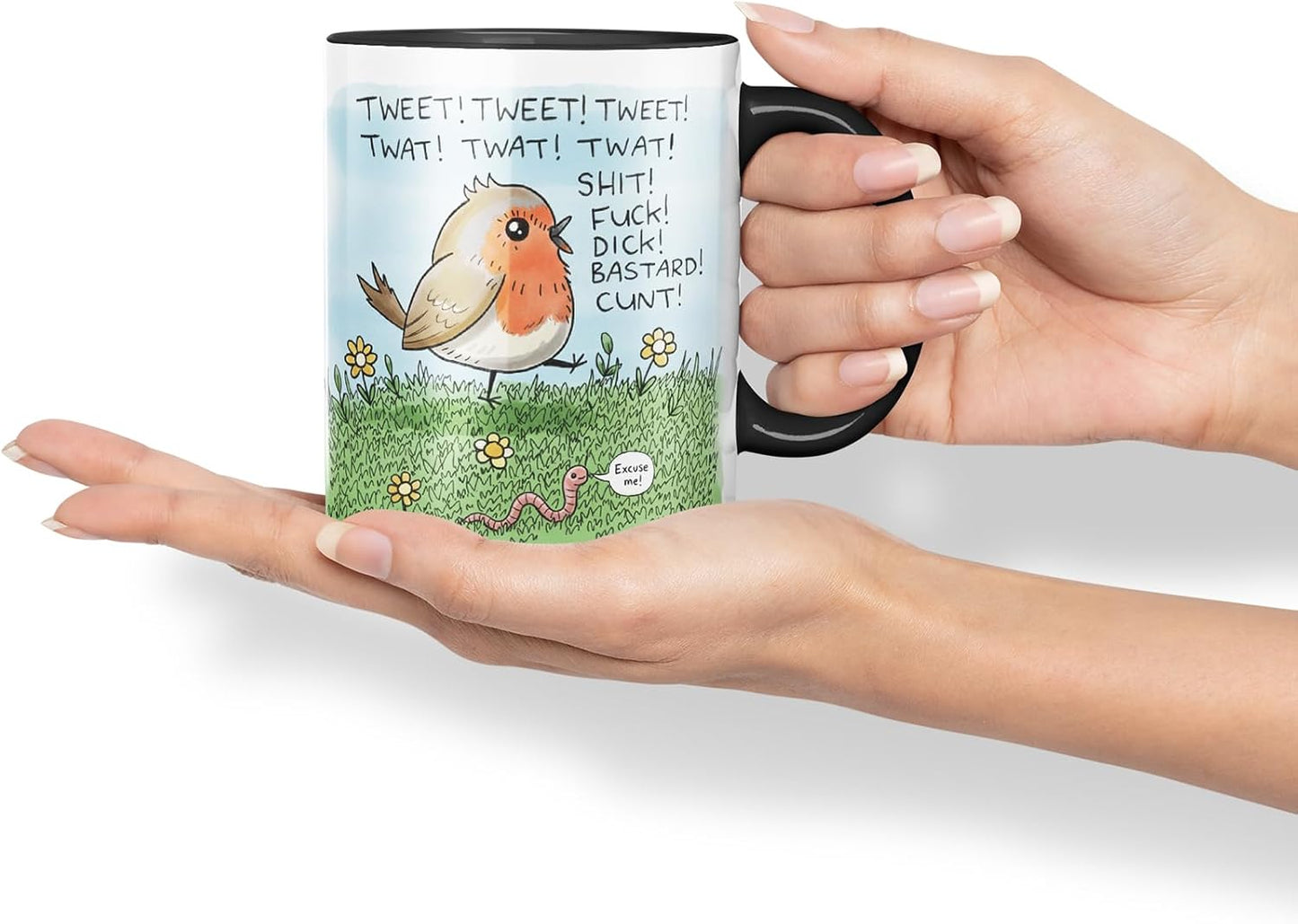 Vixar Funny Robin Bird Swearing Joke Mug – Coloured Ceramic Mug Cup Gift, 11oz (Black)