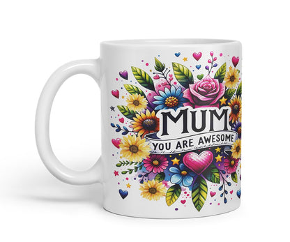 Vixar Mum You are Awesome Floral Mug – Coloured Ceramic Mug Cup Gift, 11oz (Black)