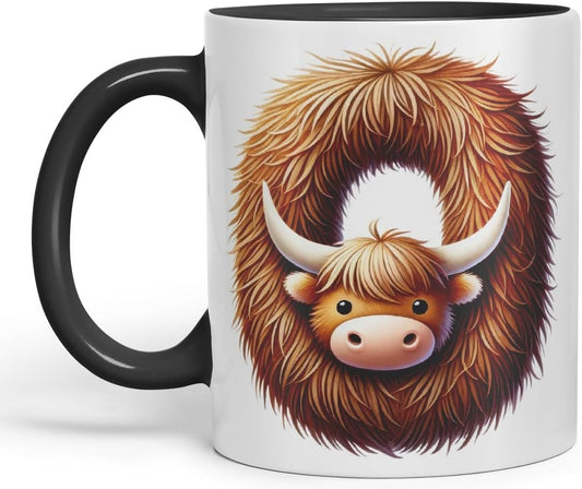 Highland Cow Alphabet Monogram Coloured Ceramic Cup Mug Letter O Rustic Farmhouse Animal Letter Gift V2 11oz (Black)