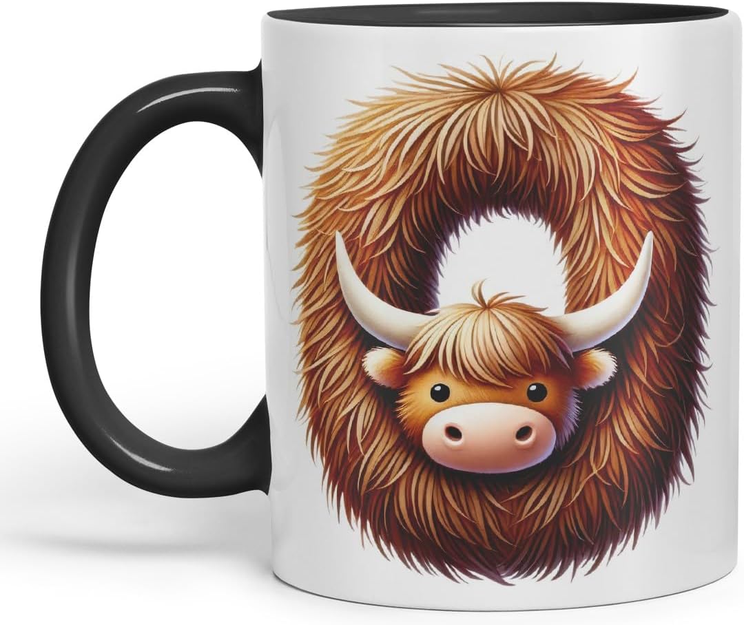 Highland Cow Alphabet Monogram Coloured Ceramic Cup Mug Letter O Rustic Farmhouse Animal Letter Gift V2 11oz (Black)