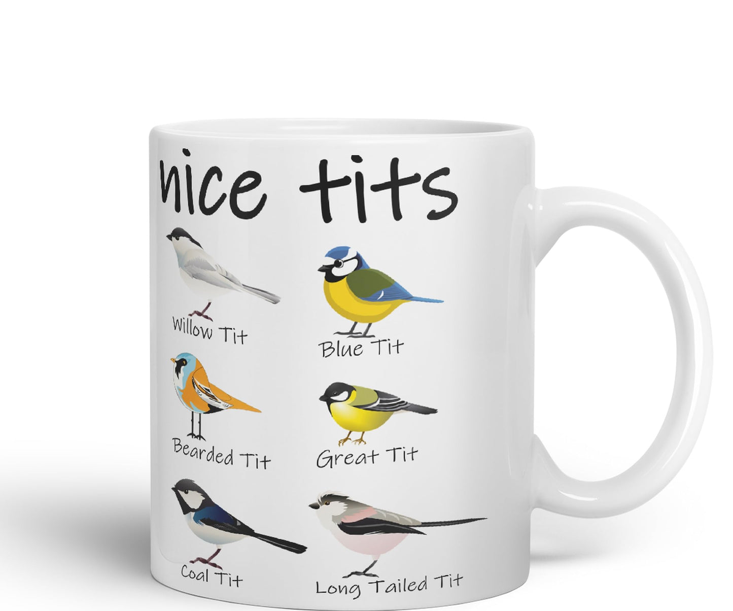 Nice Tits,Willow tit, Blue tit, Bearded tit, Great tit, Coal tit, Long Tailed tit, Sarcastic Joke Ceramic Coloured Mug Cup for Tea Coffee Hot Brew 330ml 11 OZ