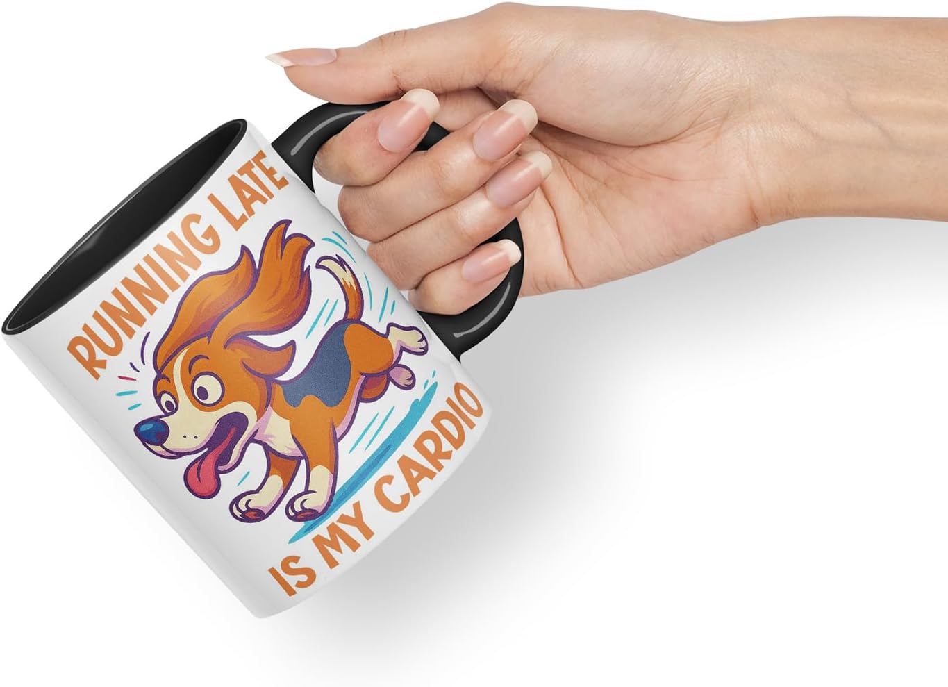 Vixar Running Late is My Cardio Beagle Dog Mug – Coloured Ceramic Mug Cup Gift, 11oz (Black)