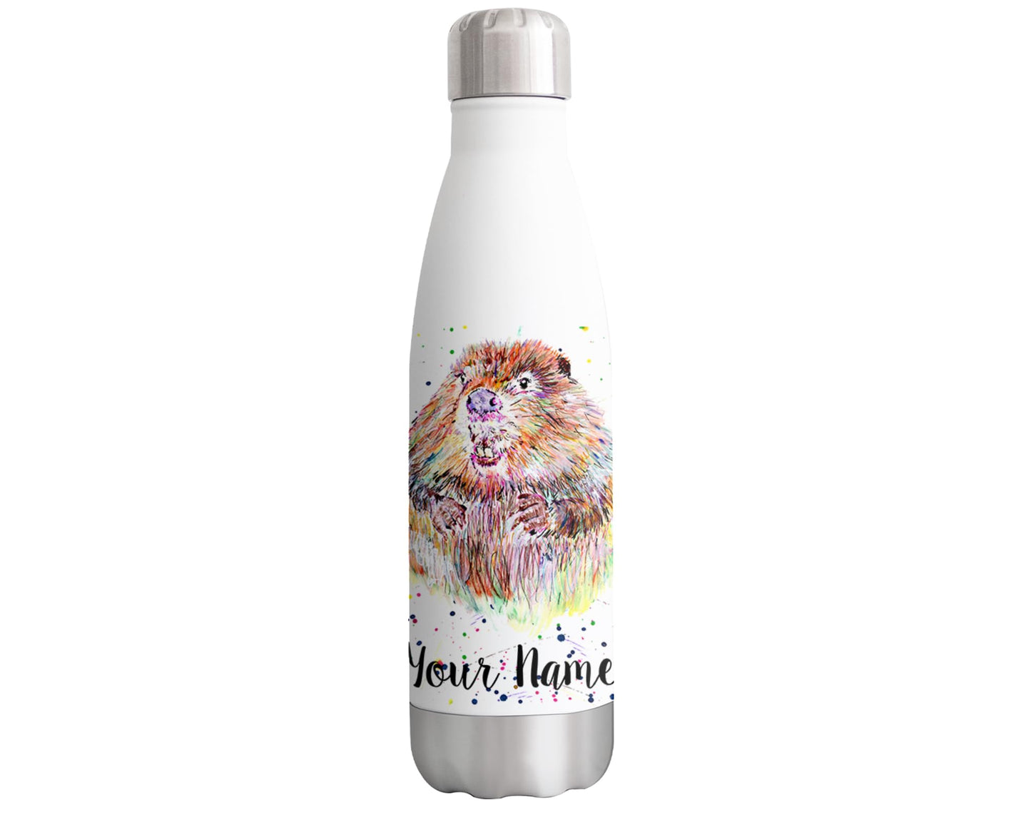 Vixar Beaver Personalised Custom Bottle with your Text/name Watercolour Animals Bottle Double Wall Insulated Stainless Steel Sport Drinks 500ml