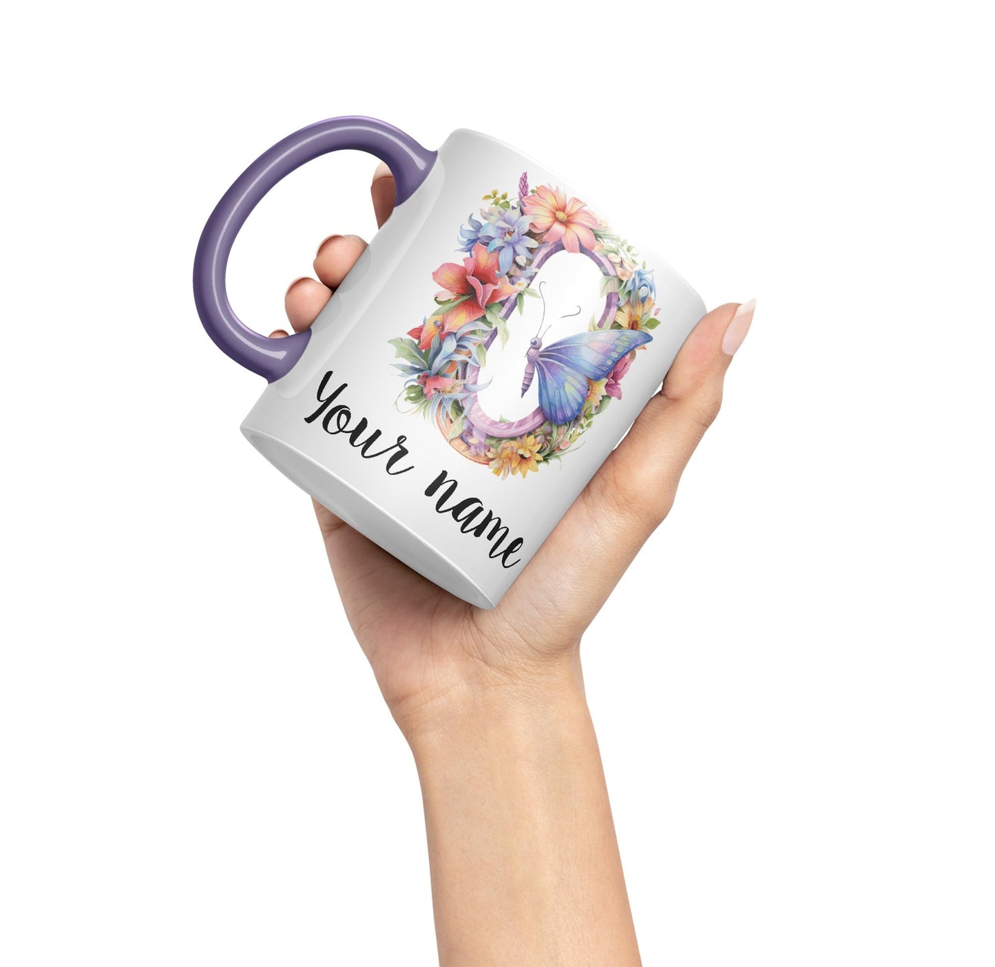 Personalised Letter O mug, Customized Custom Floral flowers butterfly Alphabet Letter O Monogram watercolour Ceramic Coloured Mug Cup for Tea Coffee Hot brew 330ml 11Oz Gift