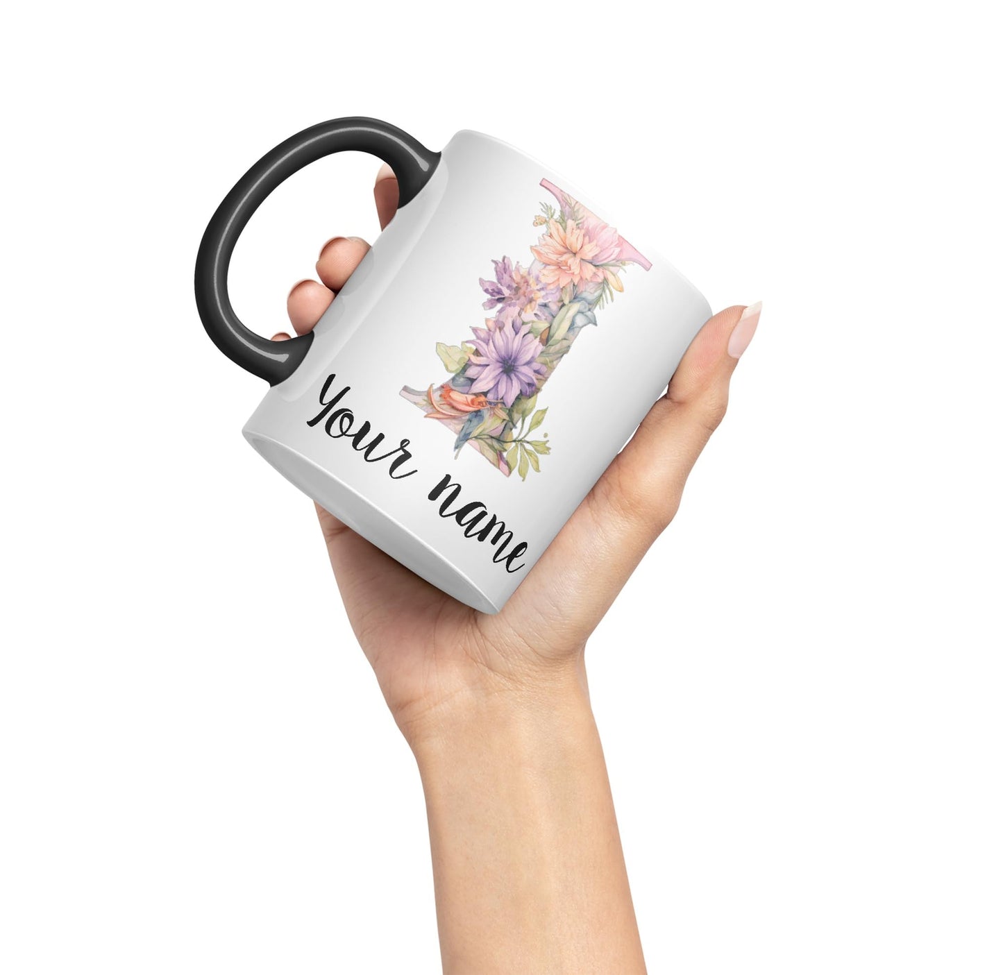 Personalised Letter I mug, Customized Custom Floral flowers butterfly Alphabet Letter I Monogram watercolour Ceramic Coloured Mug Cup for Tea Coffee Hot brew 330ml 11Oz Gift