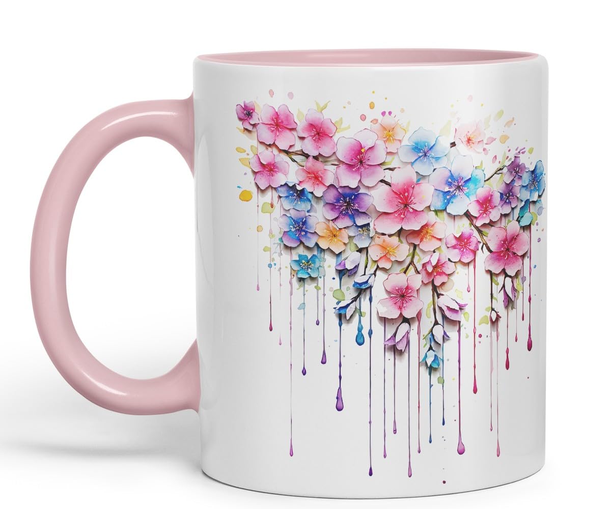 Vixar Cherry Blossom Sakura Mug Coloured Ceramic Mug Cup Gift, 11oz (C Blue)