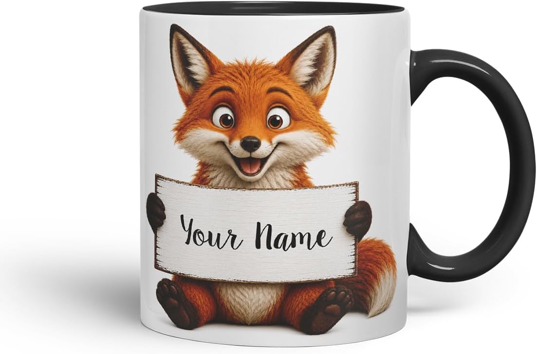 Vixar Personalised Fox Mug with Name or Custom Message – Cute Animal Coloured Ceramic Mug Cup Gift, 11oz (Black)
