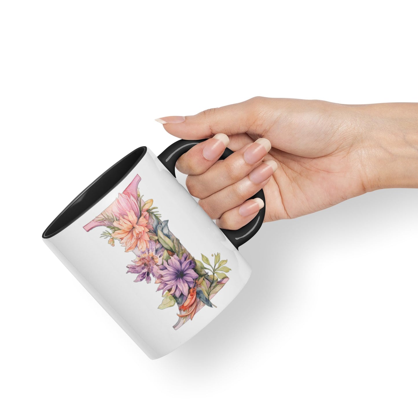 Letter I mug, Floral flowers butterfly Alphabet Letter I Monogram watercolour Ceramic Coloured Mug Cup for Tea Coffee Hot brew 330ml 11Oz Gift