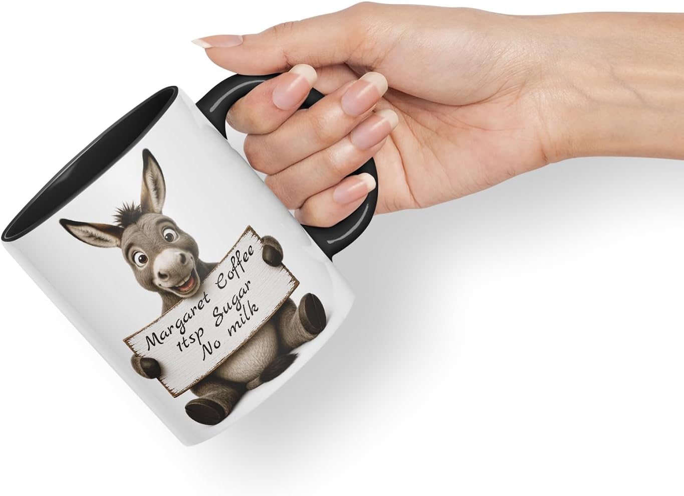 Vixar Personalised Donkey Mug with Name or Custom Message – Cute Animal Coloured Ceramic Mug Cup Gift, 11oz (Black)