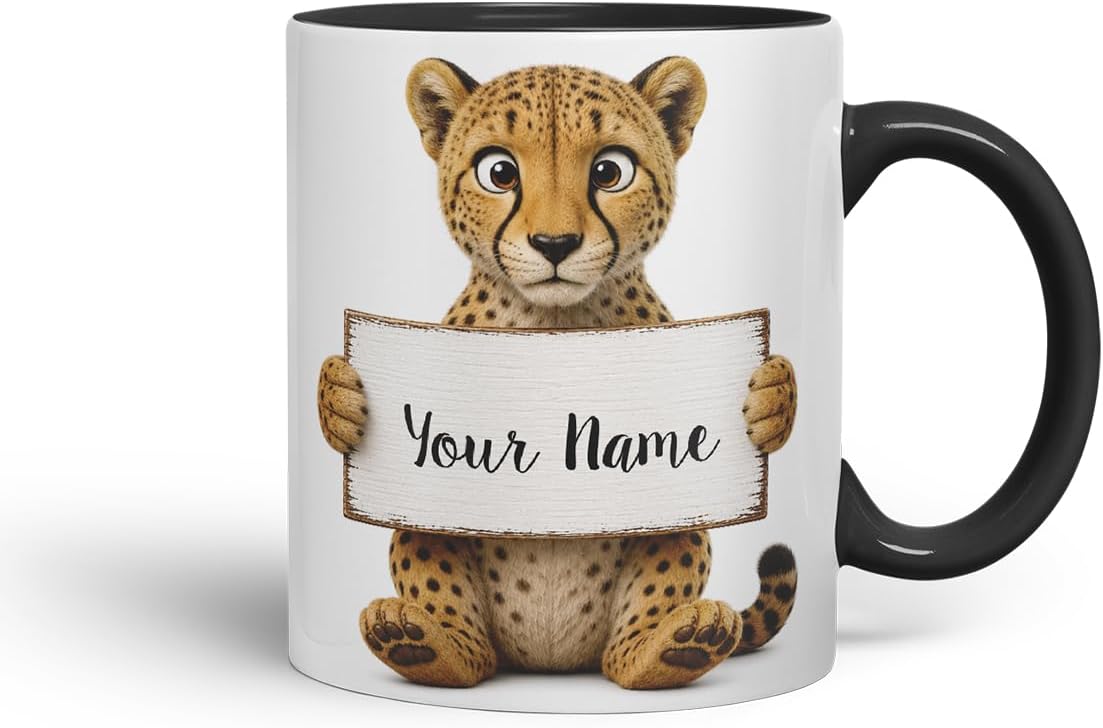 Vixar Personalised Cheetah Mug with Name or Custom Message – Cute Animal Coloured Ceramic Mug Cup Gift, 11oz (Black)
