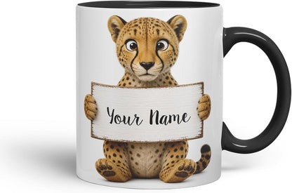 Vixar Personalised Cheetah Mug with Name or Custom Message – Cute Animal Coloured Ceramic Mug Cup Gift, 11oz (Black)