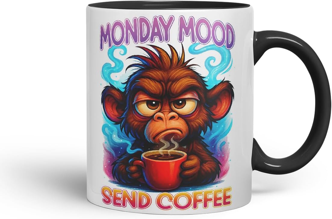 Vixar Monday Mood Send Coffee Funny Monkey Mug – Coloured Ceramic Mug Cup Gift, 11oz (Black)